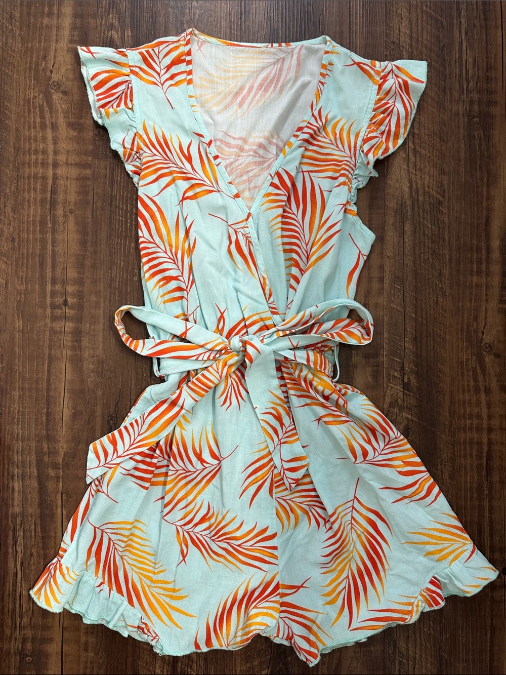 Women’s XS/S Tropical Leaf Print Wrap Romper - Mint with Orange & Yellow